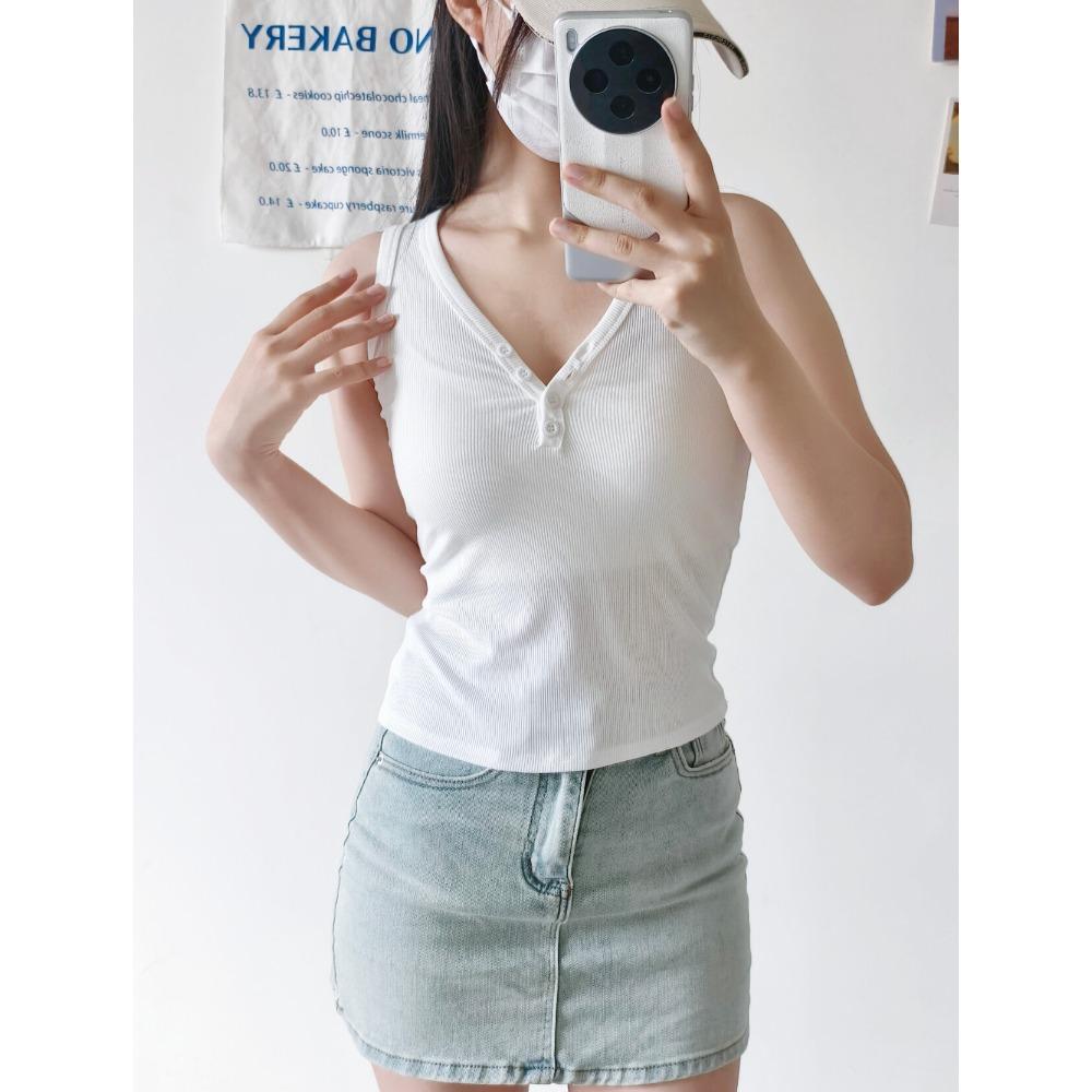 Ribbed Button V-Neck Camisole,New Arrival Women Slim Fit Cotton Basic Sleeveless Layering Tank Top