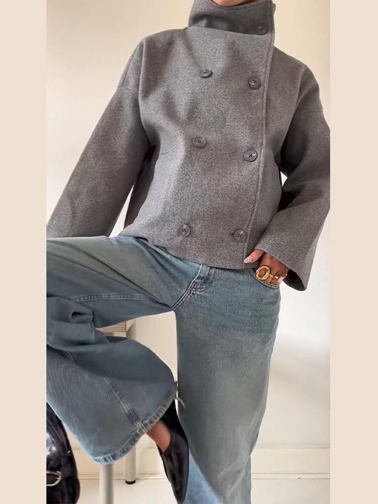 Однотонное двубортное короткое пальто с воротником-стойкой 2025 года - с длинным рукавом, Осень/Зима