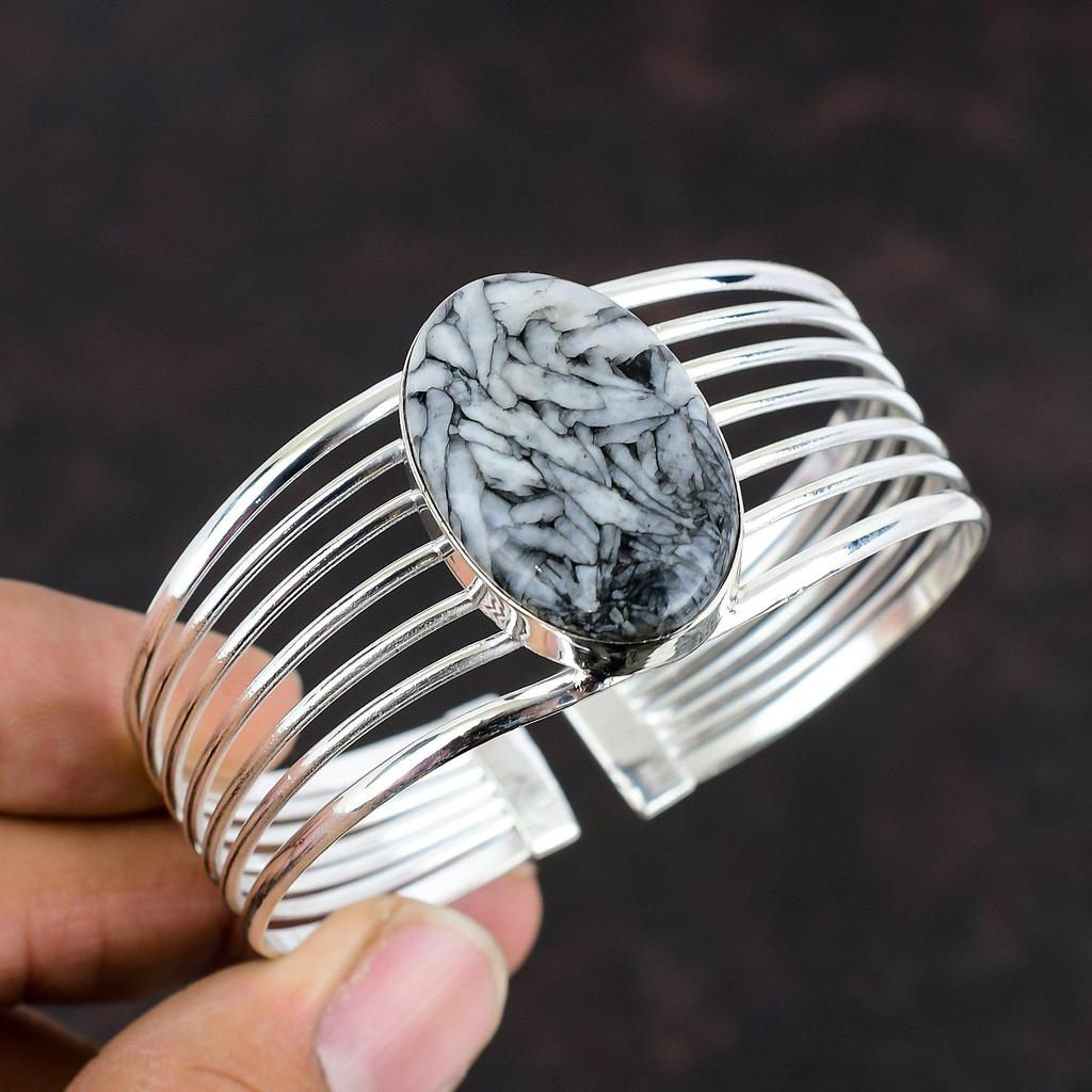 Браслет-манжета Pinolith Jasper из стерлингового серебра 925 пробы, регулируемый браслет-манжета ручной работы с настоящим драгоценным камнем, изящный браслет-манжета, подарок на годовщину