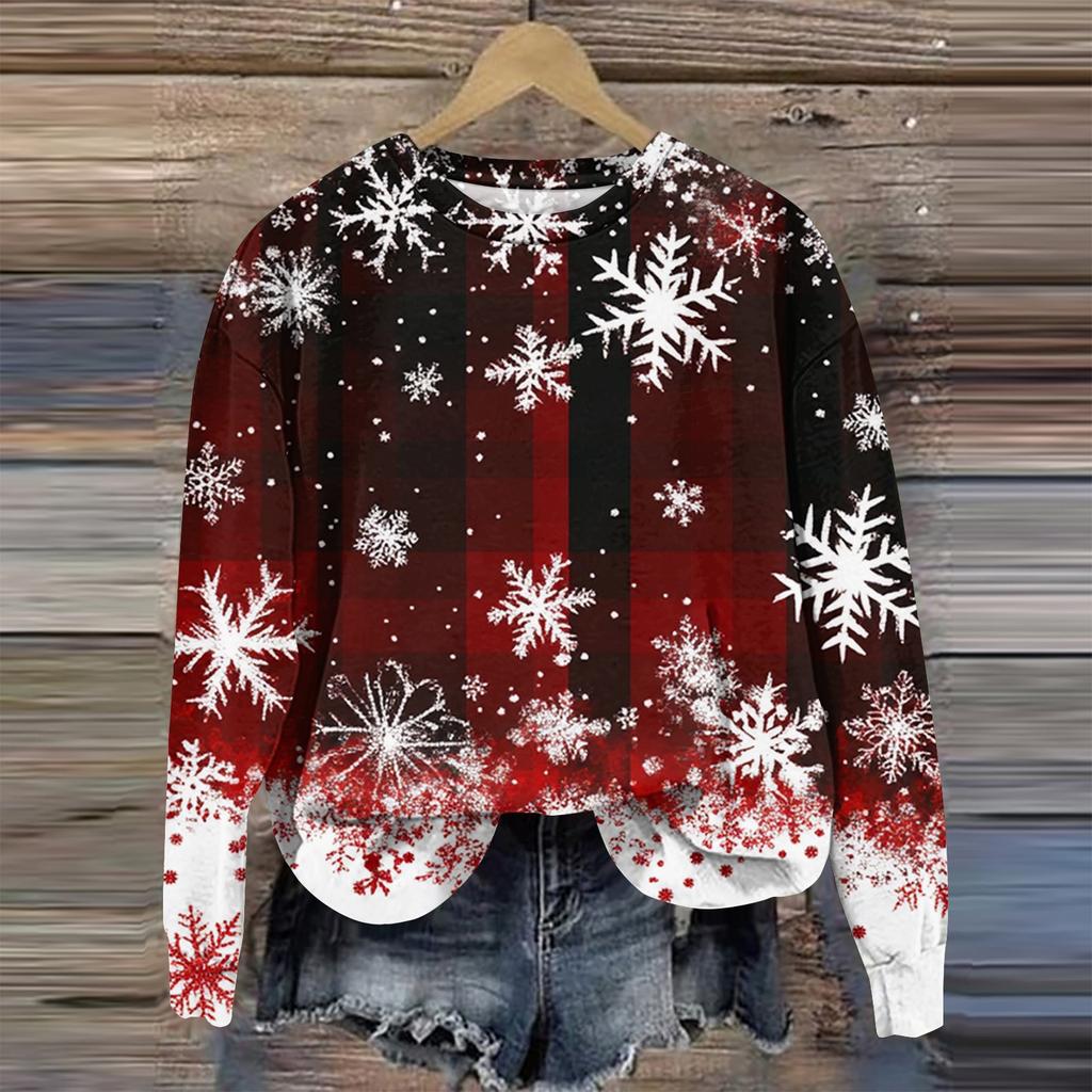 Женская мода круглый вырез пуловер длинный рукав футболка рождественский принт топ