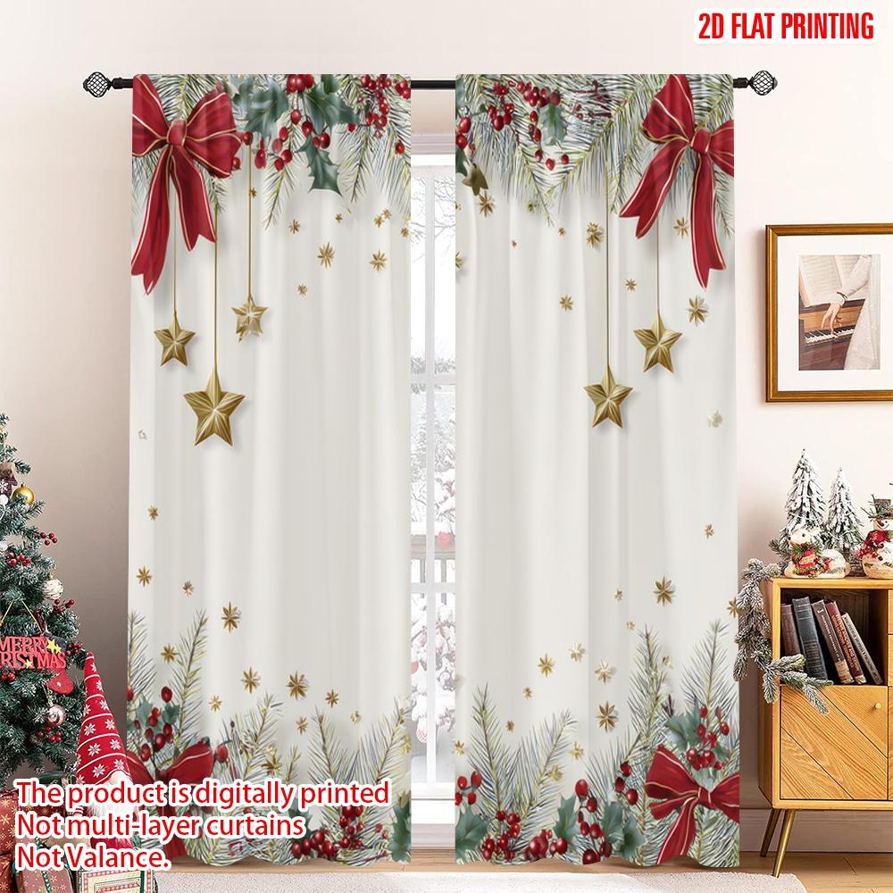 2D flat printing 2pcs Curtains Christmas Garland Stars Ribbon Holly Digital Printed Polyester Drapes Party Decorations for New