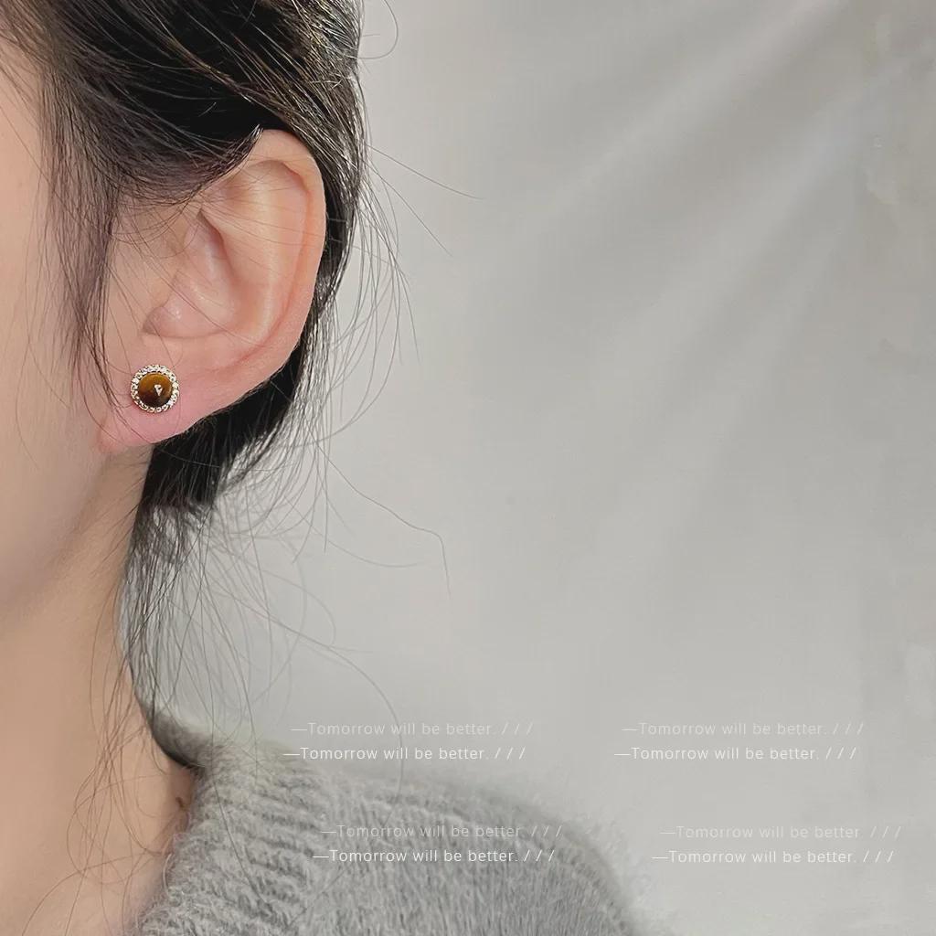 Элегантные ретро-серьги из тигрового глаза в гонконгском стиле для женщин — универсальный дизайн с цирконием, высококачественные ювелирные изделия