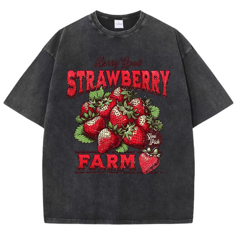 Cotton Womans Acid Wash TShirts Strawberry Farm Retro Prints Tees Comfortable Crewneck Oversized Tops Fashion Female Clothes