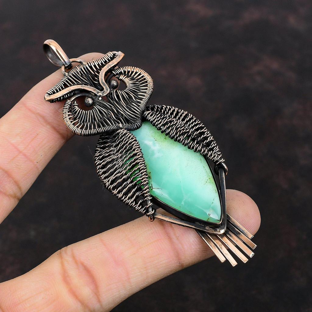 Кулон с хризопразом, медная проволока, кулон, драгоценный камень, кулон в виде совы, медная подвеска ручной работы, дизайнерский кулон, ювелирный подарок для него