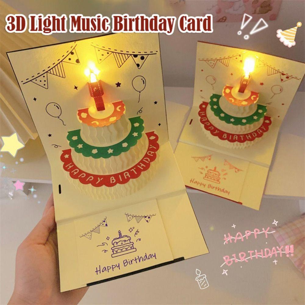 Pop Up Birthday Card 3D Light Music Invitations with Envelope Gifts Gift Message Cards