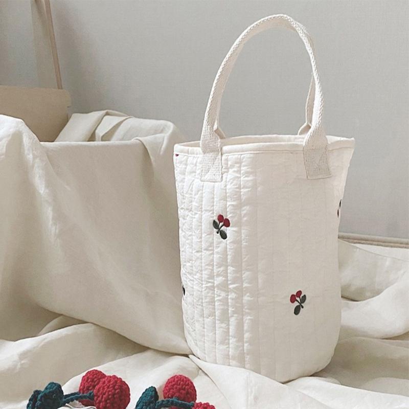 Baby Bottle Storage Bag Pure Cotton Bucket Shape Cute Embroidery Diaper Caddy Organizer for