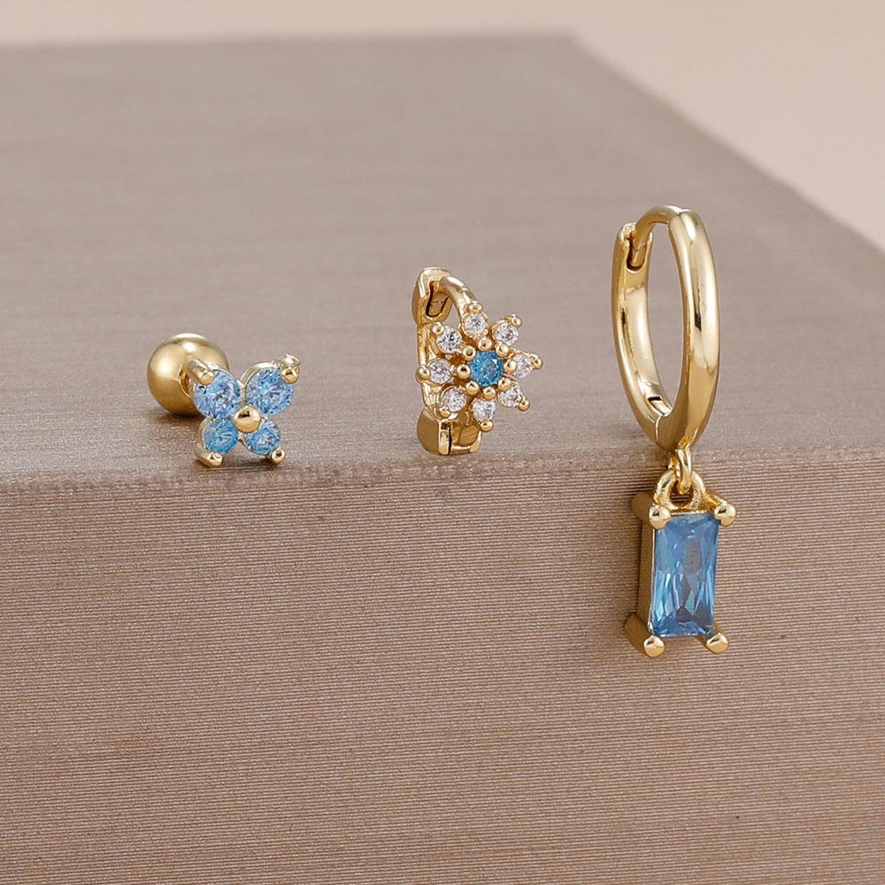 Набор сережек-колец квадратной формы с цирконами, 3 пары, покрытие 14K золотом, серьги-гвоздики с бабочкой из нержавеющей стали, украшения для пирсинга, 12 созвездий
