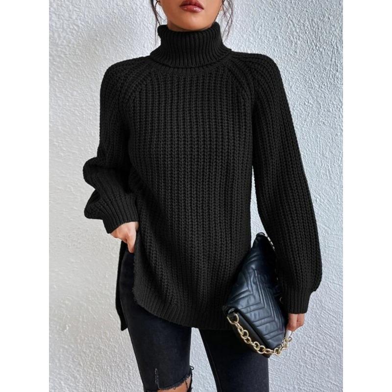 Autumn and Winter Women's Plus Size Knit Sweater Medium Long Shoulder Sleeve High Lapel Split Sweater Dress