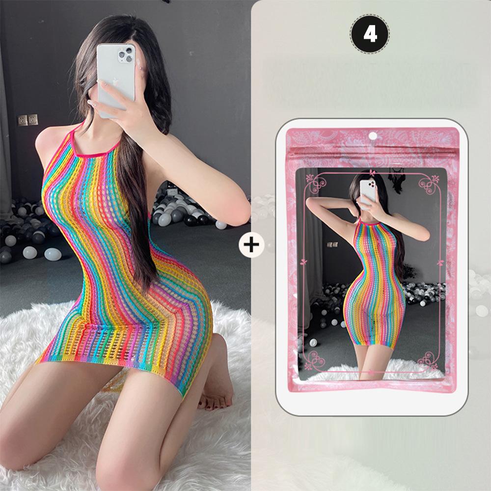 Sexy Lingerie for Women Fishnet Halter Chemise Rainbow Hot Mesh Mini Dress Bodysuit Through Clothes Flirtation Erotic for Couple