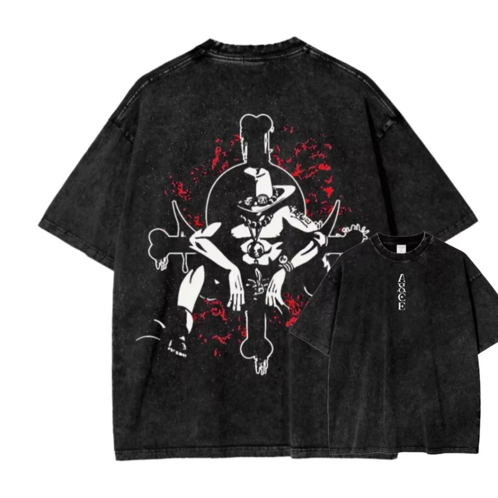 Portgas D. Ace One Piece Washed Oversized Vintage Unisex Anime Manga Graphic T-Shirt Streetwear Short Sleeves High Quality Female Male Clothing