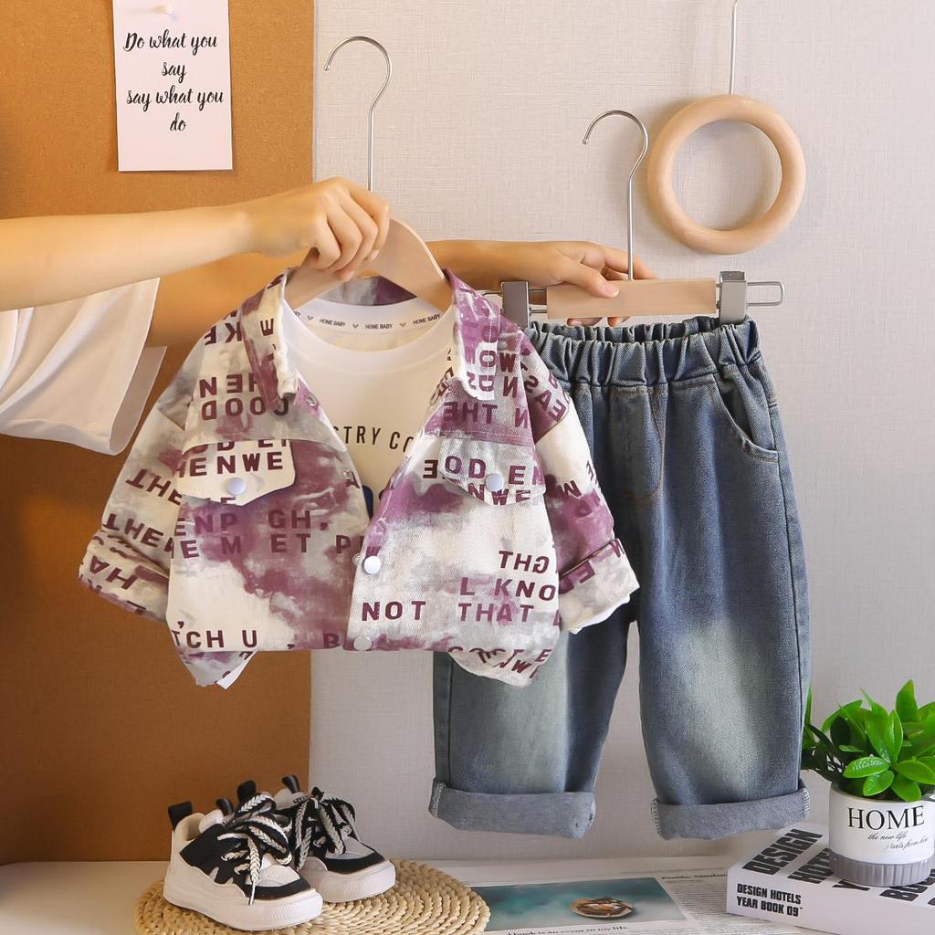 Комплект-тройка с длинным рукавом для мальчиков, Детский комплект с рубашкой-курткой с полной буквенной печатью, 0-5 лет, Детский повседневный комплект