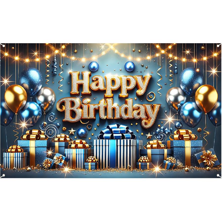 Nuxovilar Happy Birthday Banner Blue Gold Balloons String Lights Polyester Backdrop 43x70.86 Inches - Large Party Birthday Decorations for Photo