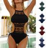 Sexy One-piece Swimsuit Halter Sleeveless Backless Monokini Slim Fit Solid Color Criss-Cross Back Hollow Lace