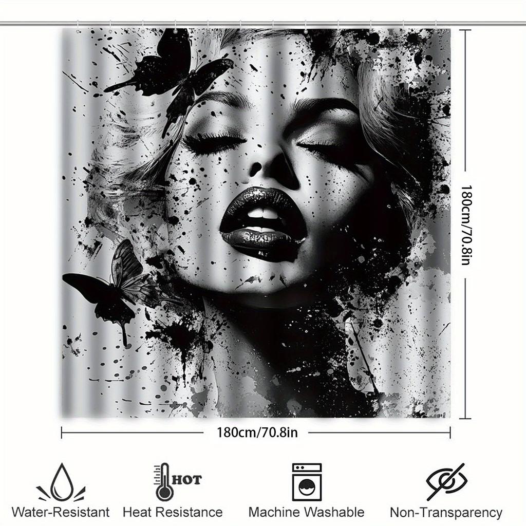 Artistic Female Portrait Shower Curtain Black Ink Splatter Butterflies Bold Design Bathroom Decor 3D Print Waterproof Bath