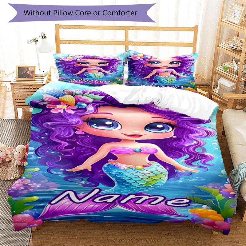 3PC Custom Name Mermaid Fantasy Underwater World Bedding Set Duvet Cover Closure Includes 1 Duvet Cover & 2 Pillowcases for Bedroom