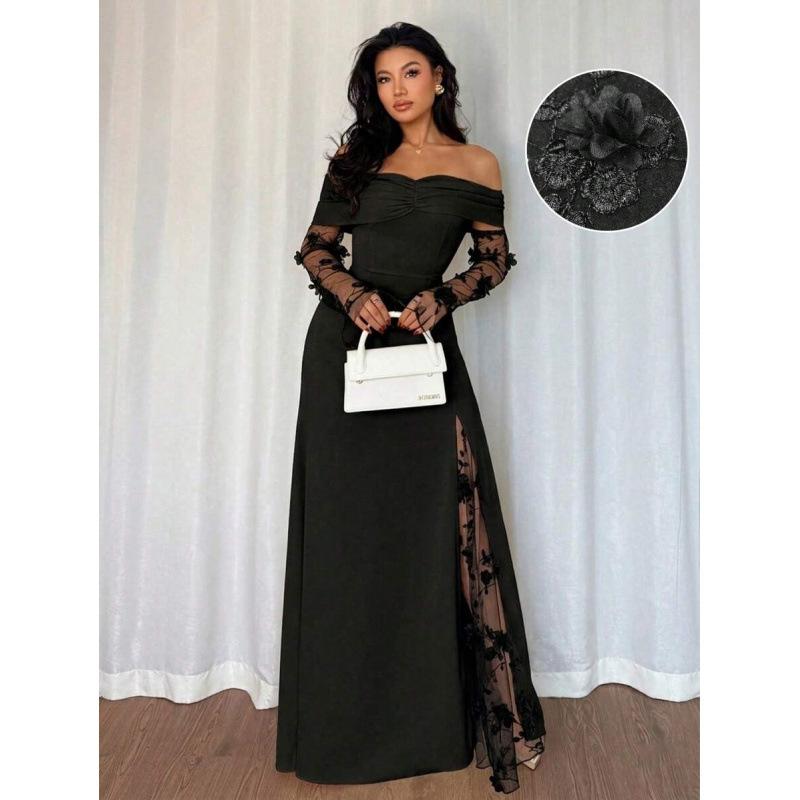 European and American one-word shoulder spell long-sleeved dress women's 2026 summer new fashion temperament skirt