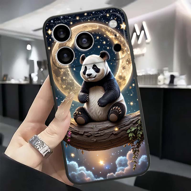 Мультяшный Аниме Панда Милый Для Apple iPhone 17 16 16E 15 14 13 12 11 Pro Max Plus Черный Мягкий Силиконовый Чехол для Телефона