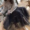 Women A-line Skirts Girls Elastic High Waist Slim Double-layered Gauze-lined Mesh Skirt Solid Color All-match Sequined Skirts