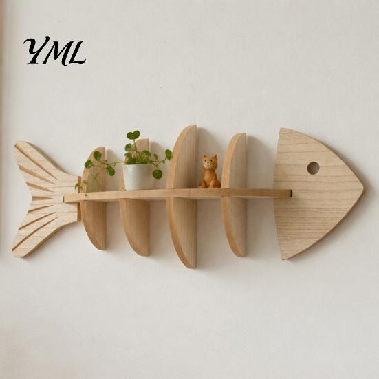Wooden Floating Shelves for Decor Fish Bone Storage Rack, Wood Wall Mounted Shelf, Ocean Style Japanese Minimalist Display Rack Art Bedroom
