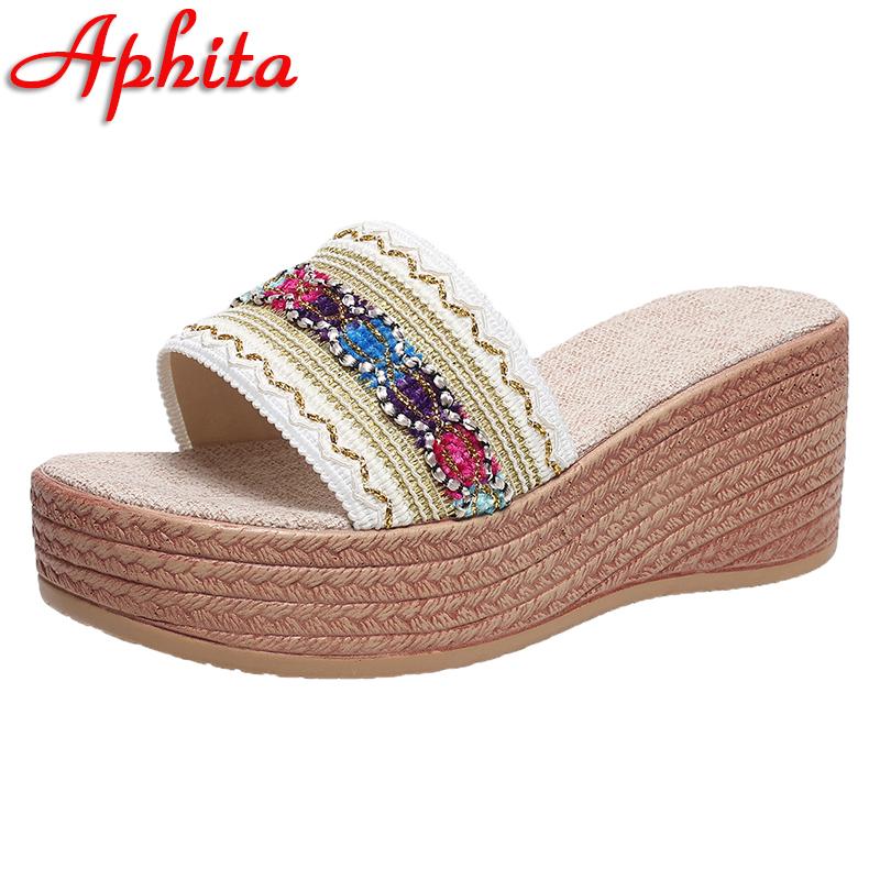 Aphixta Новые вышитые полосатые туфли на танкетке высотой 7 см, платформа, шлепанцы, женские, ретро, больших размеров 43, тапочки, уличная, сексуальная пляжная обувь
