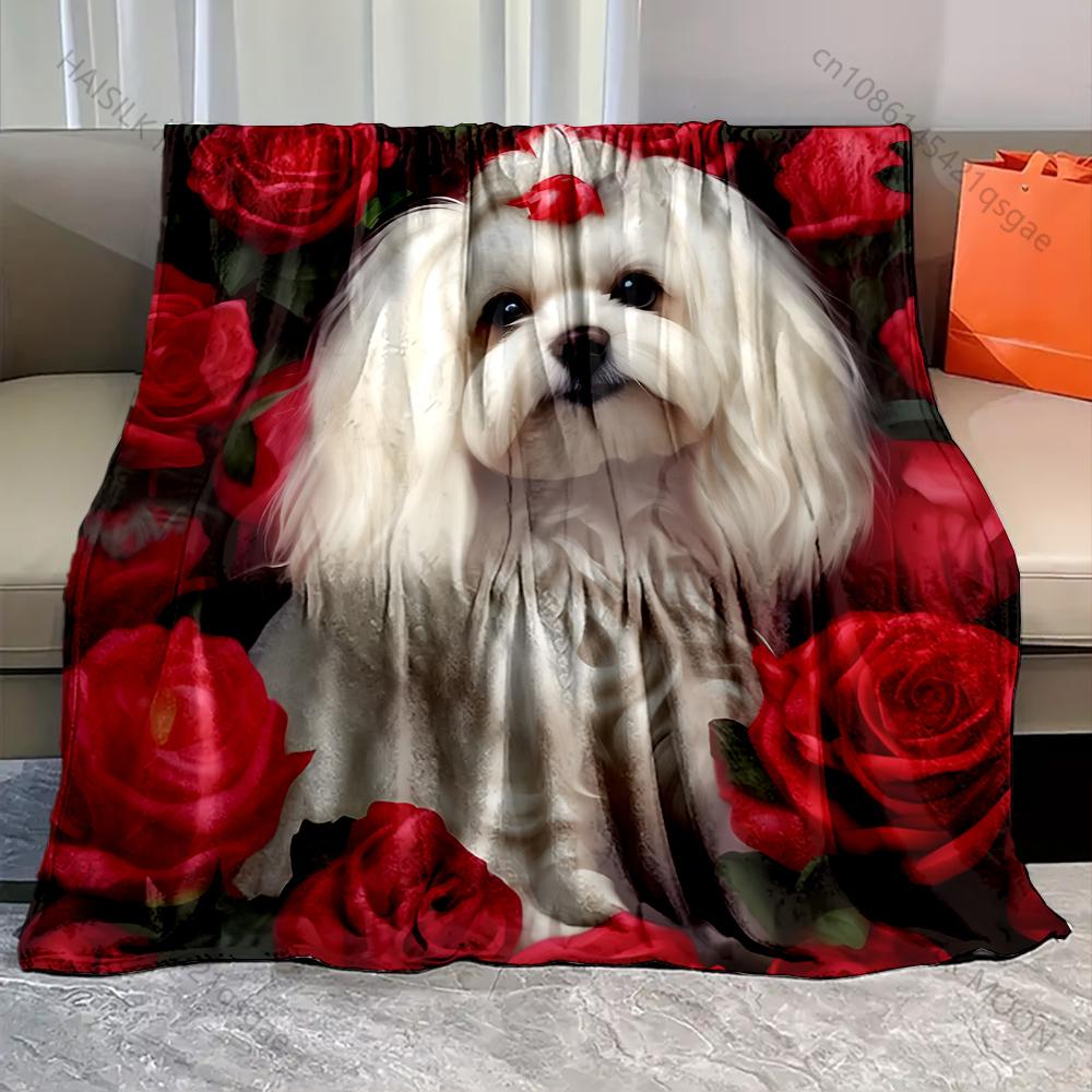 Maltese dog and roses Pattern Blanket Warm Soft Fluffy Kids and Adult Sofa Bed Throw Blanket Suitable Home Travel Camping