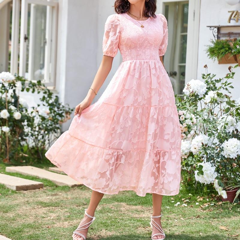 YYFS Женская мода лето весна однотонный принт с коротким рукавом и круглым вырезом с высокой талией повседневные платья