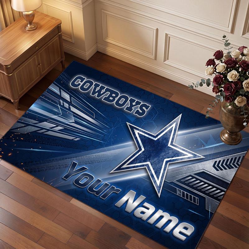 Dallas Cowboys Personalized Crystal Velvet Carpet, Customized Name Text Soft Anti‑Slip Rug for Living Room Bedroom