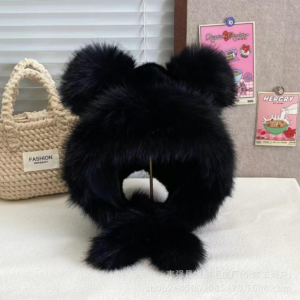 New Warm Winter Hat Lacing Ear Protection Bear Ears Hat Velvet Rabbit Ear Woolen Bucket Hat Women