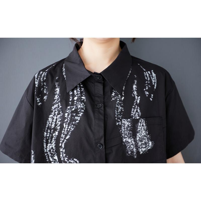 DIMANAF 2025 Plus Size New Summer Blouse Short Sleeve Vintage Printing Casual Women Loose Tops Buttons Shirts