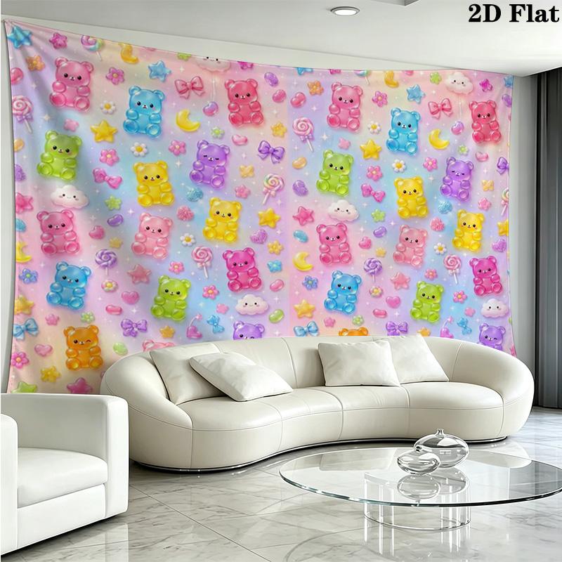 Rainbow Gummy Bear Wall Tapestry Aesthetic Wall Hanging Printed Fabric Blanket Decorative Tapestries for Bedroom Living Room Home Decor