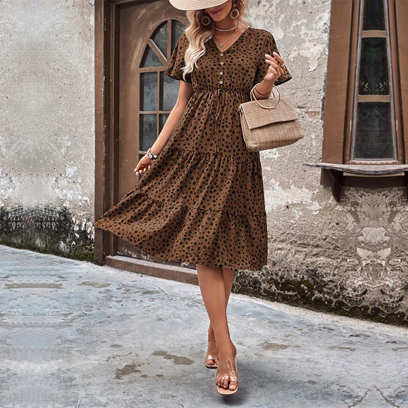 Летнее женское платье с коротким рукавом и леопардовым принтом, V-образный вырез, длиной до колена