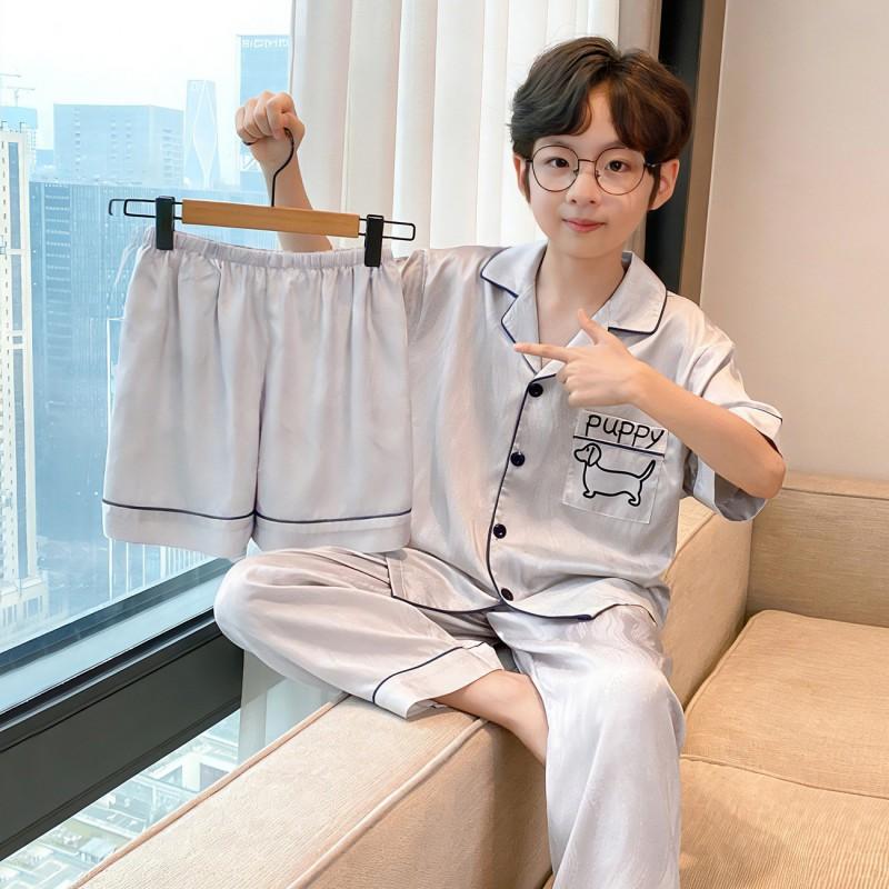 Kids Ice Silk Pajama Set Short Sleeve Cartoon Print Boys Sleepwear Ages 8