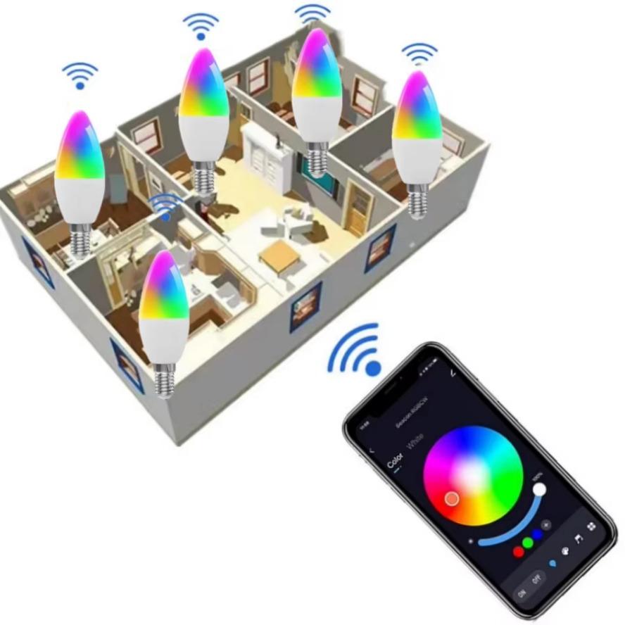 Интеллектуальная лампа-свеча Wifi Лампочка E14 RGB+CW+WW 5 Вт Tuya Smart Life APP Голосовое управление Совместимость с Alexa Google Home Диммируемая