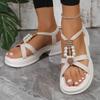 Женские летние новые сандалии на платформе с круглым носком, толстым каблуком, эластичной лентой на ноге, с бусинами, на подошве-маффин