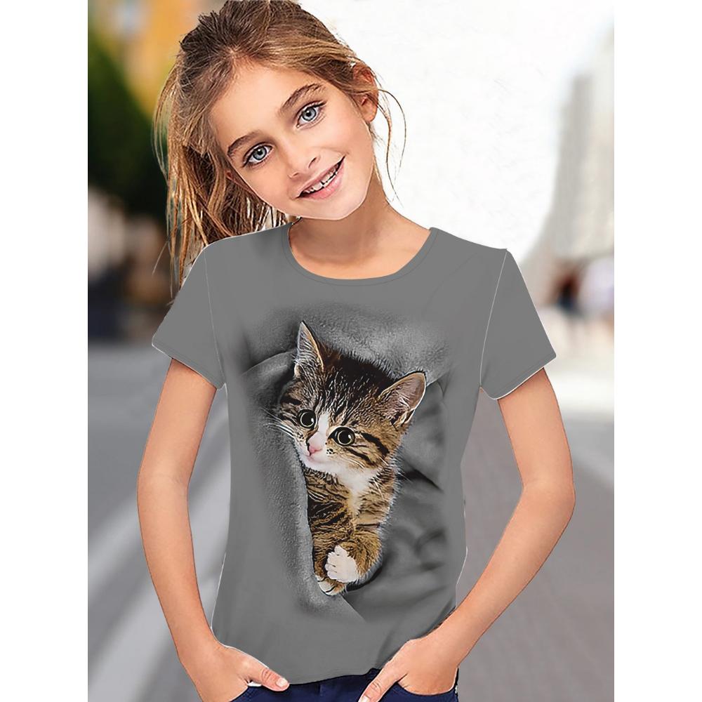 Футболка с милым принтом котенка для детей, с круглым вырезом и короткими рукавами, повседневная футболка для детей, для девочек, для летних видов спорта на открытом воздухе