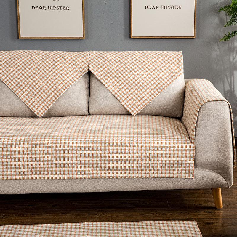 Houndstooth Sofa Cushion Cotton Thread Orange Four Seasons Fabric Anti-slip Leather Sofa Cover Combination