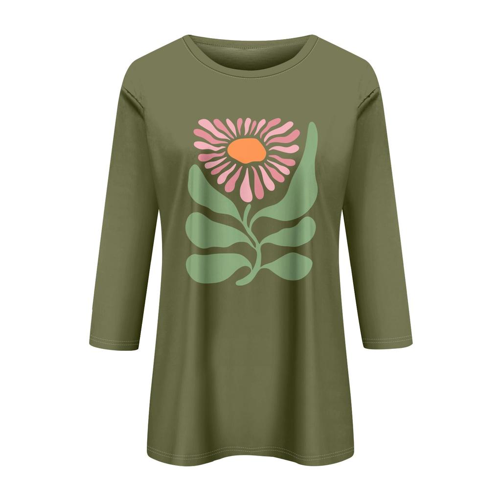 Женская мода повседневный принтованный топ с семью рукавами и круглым вырезом