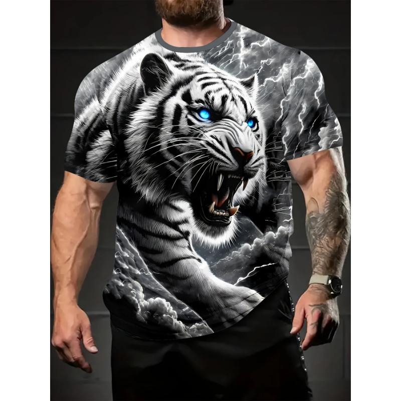 3D Tiger Printed Short Sleeve Crew Neck Men's T-shirts Breathable Stretch Casual Fashion Tee Outdoor Party Weekend Wear Tops