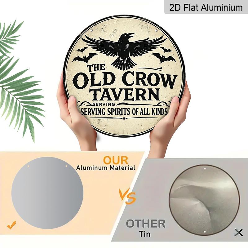 2D Flat - A Vintage French 'Old Crow Tavern' Round Aluminum Wall Decor, Vintage Gothic Crow & Bat Design, Suitable for Indoor/Outdoor Use, Perfect