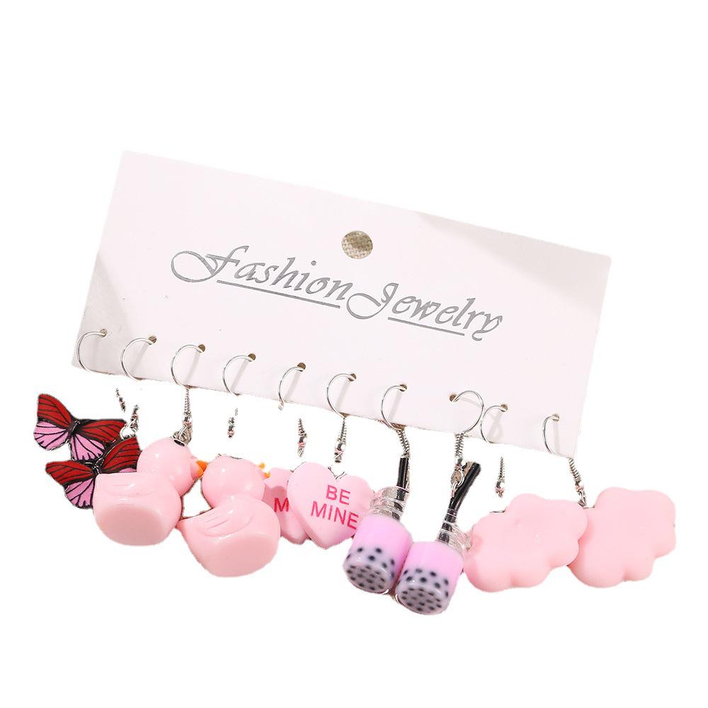 Cross-border Funny Barbie Pink Duck & Butterfly Earrings Set: 5 Pairs of Creative Acrylic Cloud & Peach Heart Designs.
