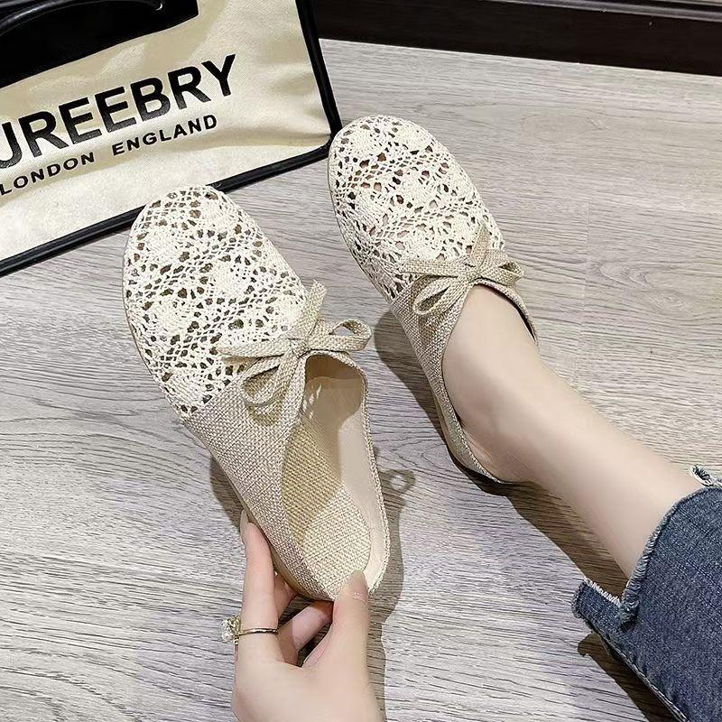 Тапочки женские 2025 новые летние универсальные для улицы сетчатые дышащие нескользящие льняные хлопковые с закрытым носком полутапочки сандалии женские