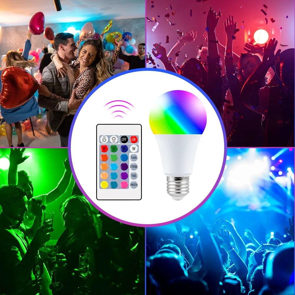 Светодиодная лампа RGB с 16 цветами, цоколь E27, напряжение 220 В, для домашнего освещения, с регулировкой яркости и 24-кнопочным пультом дистанционного управления, умная лампа для создания атмосферного освещения.