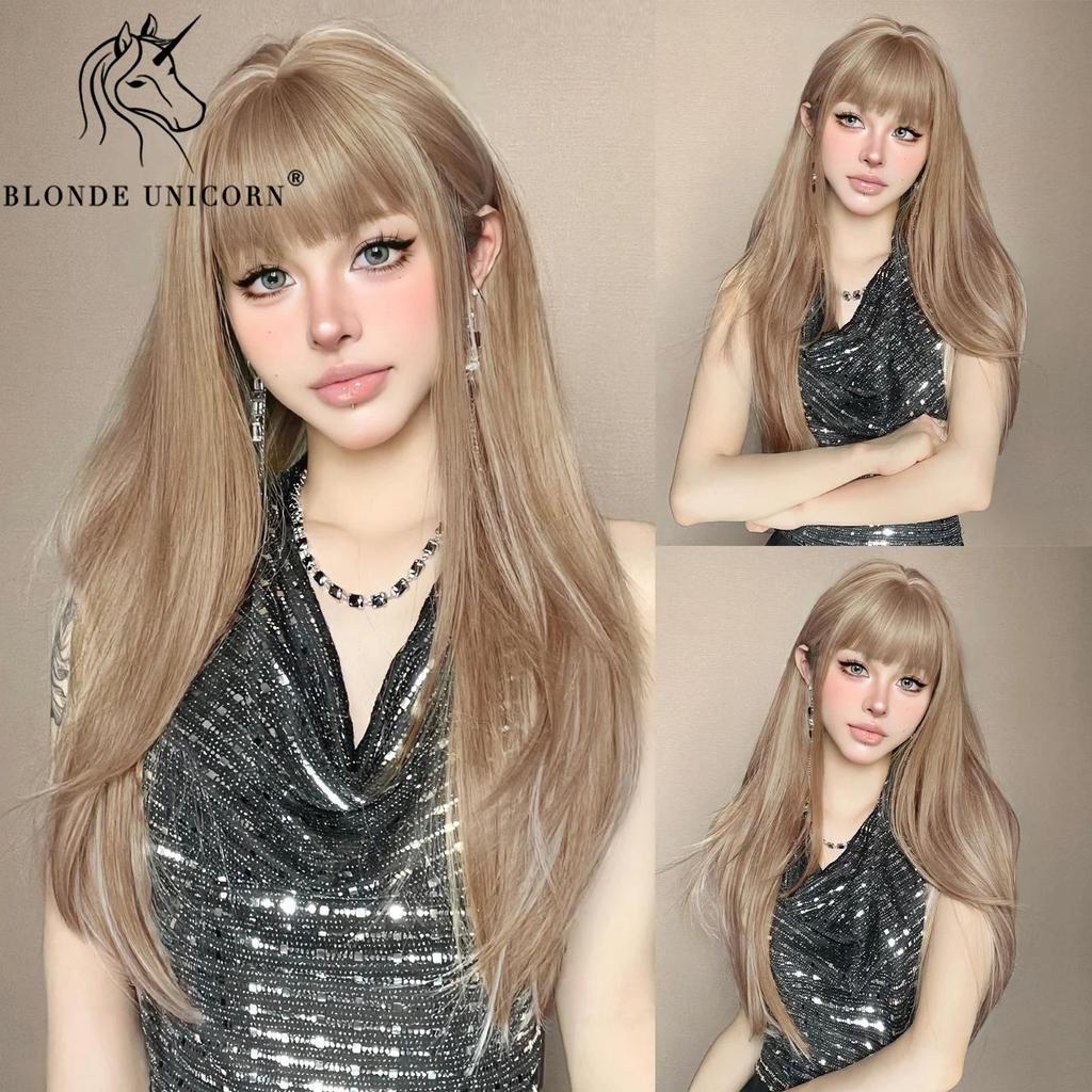 BLONDE UNICORN Long Blonde Straight Synthetic Wigs with Bangs Wavey Daily Party Cosplay Wigs for Women Heat Resistant Fiber Hair