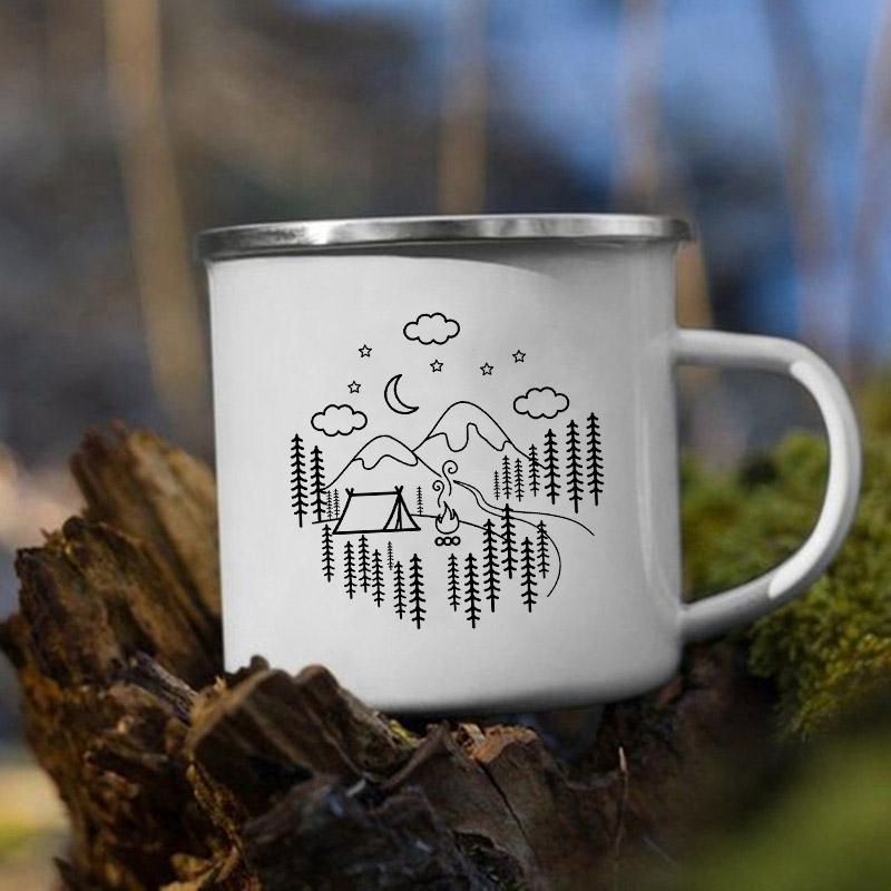 Mountain Camping Adventure Print Enamel Creative Coffee Water Milk Cups Camping Mugs Handle Drinkware Vacation Hiking Mug Gifts