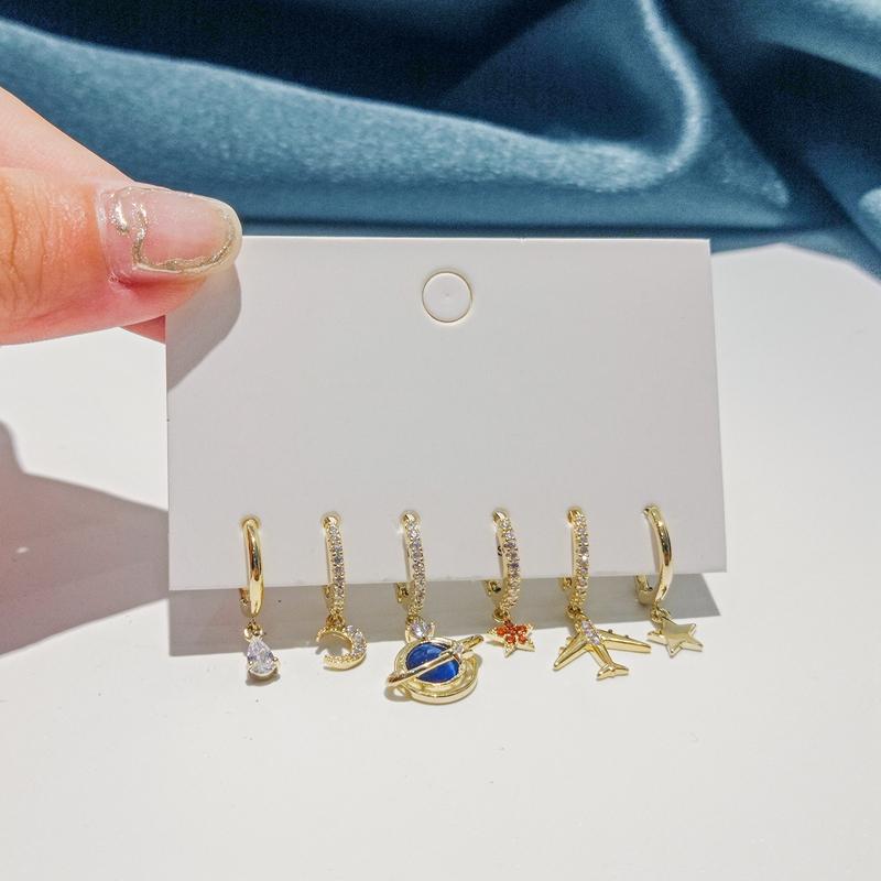 ANENJERY Наборы сережек-кольца из 6 предметов с цирконом, самолетом, планетой, Луной, звездой для женщин, роскошные блестящие ювелирные изделия