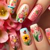 24 шт. Накладные ногти с цветочным принтом, средней длины, балетной формы, искусственные акриловые ногти, глянцевые наклейки для ногтей