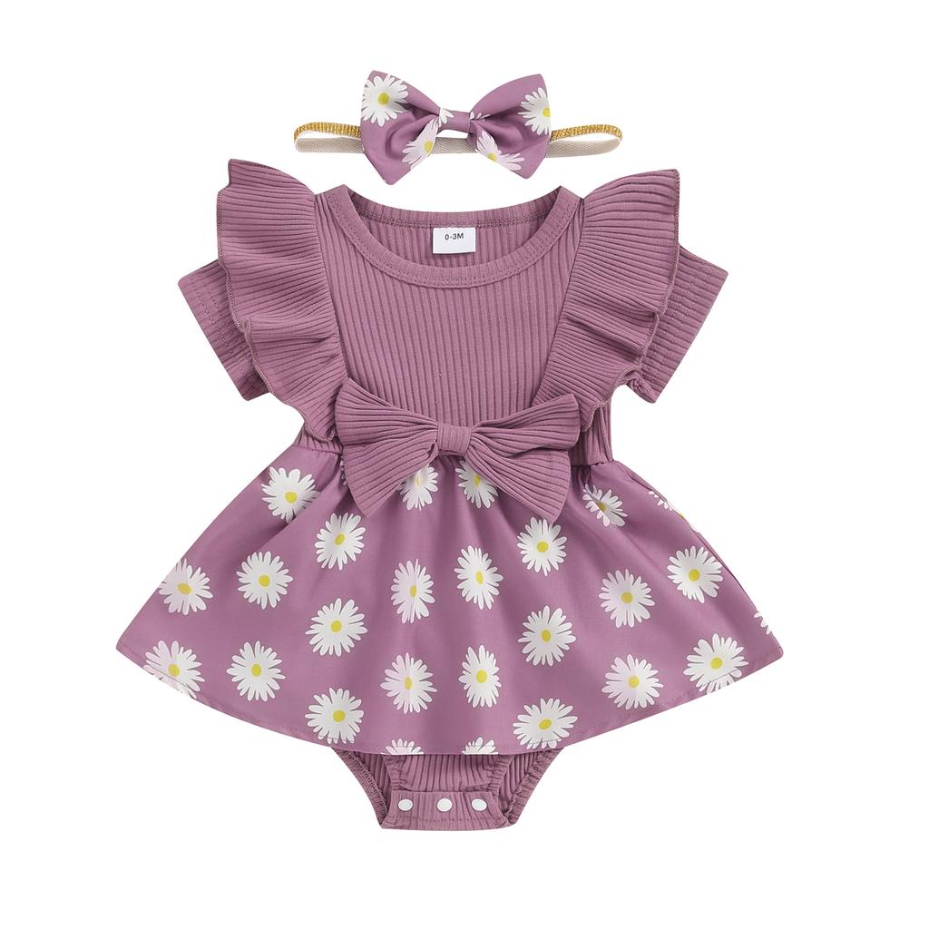 Infant Baby Girl Romper Dress Daisy Print Short Sleeve Round Neck Jumpsuit with Bow Headband