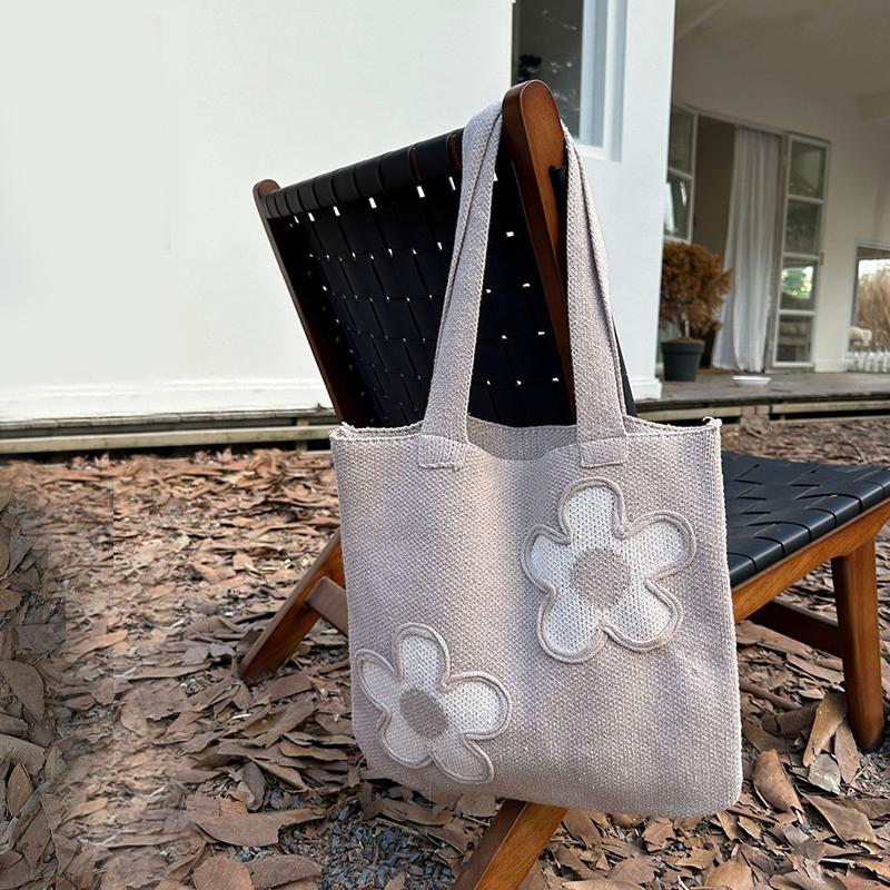 Knitting Woolen Flower Decor Tote Bag Women Crochet Fashion Open Shopper Top-handle Bag Female Daily Large Capacity Handbag