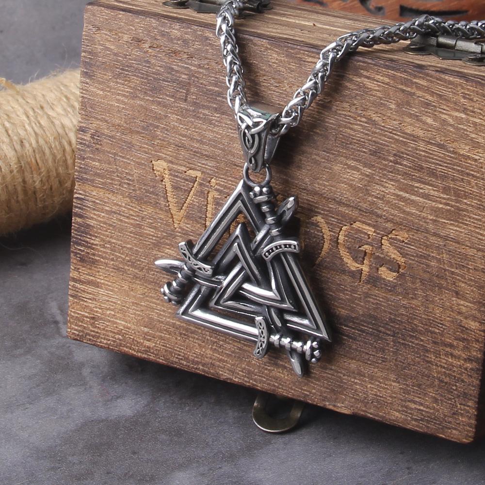 Нержавеющая сталь Меч Валькнут Ожерелье Viking Jewelry для Мужчин Упаковано в Деревянную Подарочную Коробку