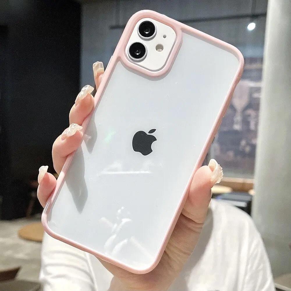 Противоударный прозрачный чехол для телефона с цветным бампером для iPhone 15 14 13 12 Mini 11 Pro Max XR X XS 8 7 Plus SE2022, прозрачная задняя крышка